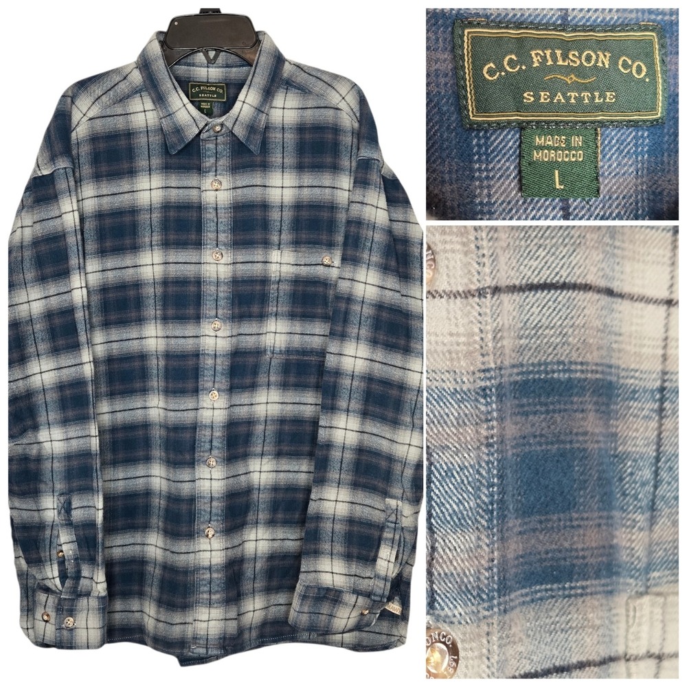 Filson Field Flannel Shirt Style 12026‎ Navy Gray Shadow Plaid Mens Large 2014
